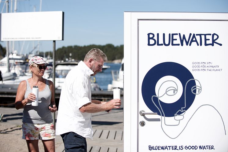 Visitors to Sandhamn in the Baltic use a Bluewater hydration station that generates pristine water on demand directly from the Baltic Sea, removing salt and other contaminants, while saving the fragile water aquifers on the island.