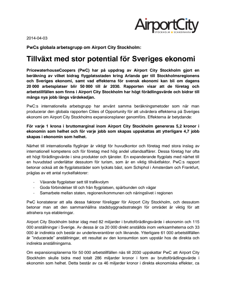 PwCs globala arbetsgrupp om Airport City Stockholm: Tillväxt med stor potential för Sveriges ekonomi