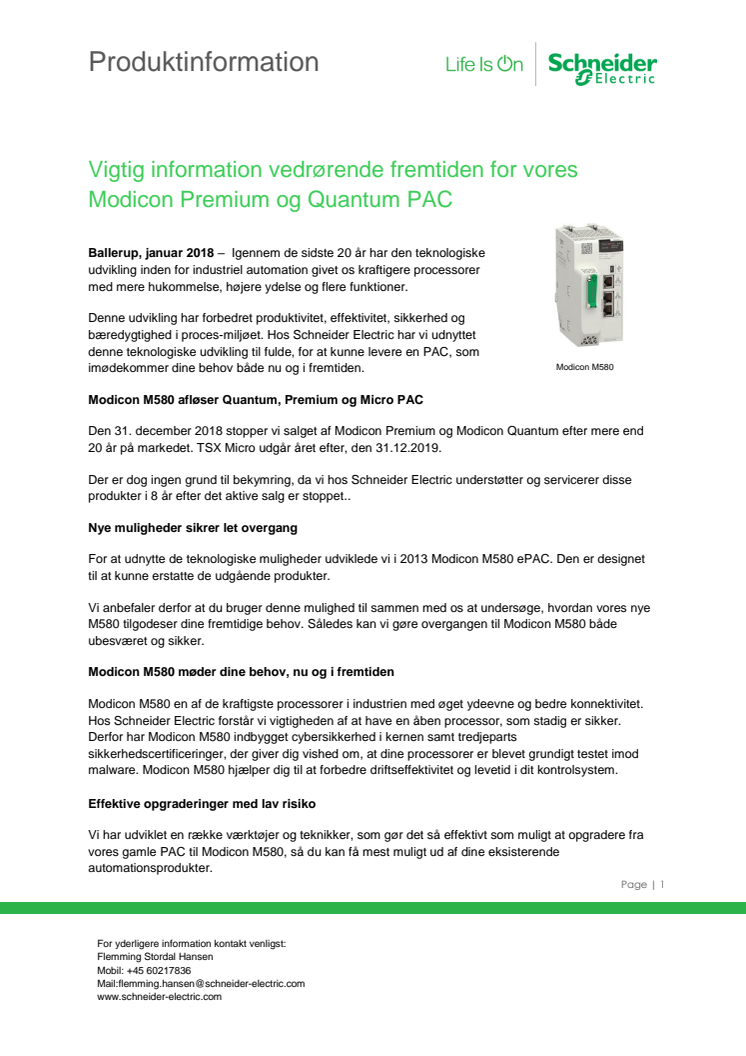 Vigtig information vedrørende fremtiden for vores Modicon Premium og Quantum PAC 