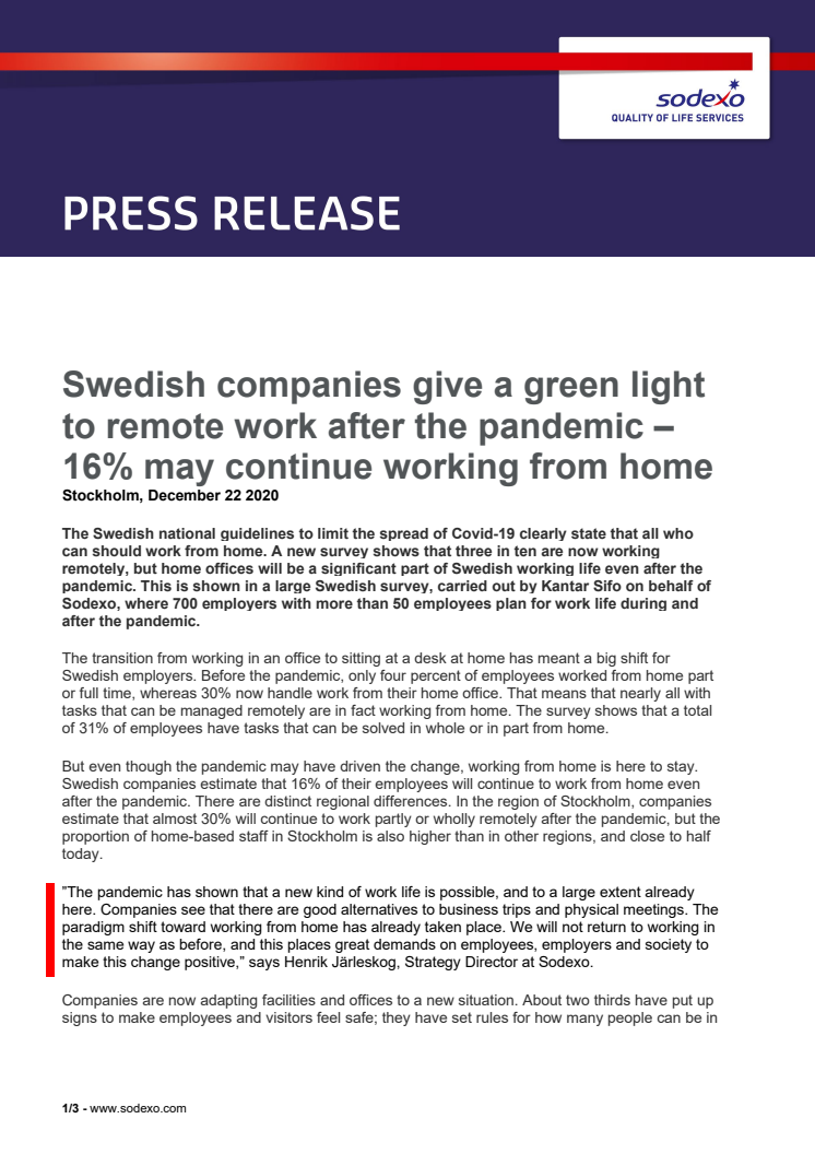Swedish companies give a green light to remote work after the pandemic – 16% may continue working from home