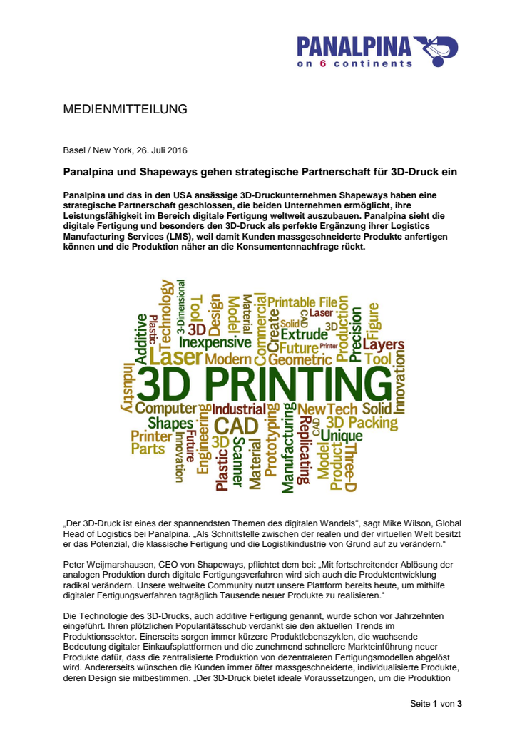 Panalpina und Shapeways gehen strategische Partnerschaft für 3D-Druck ein