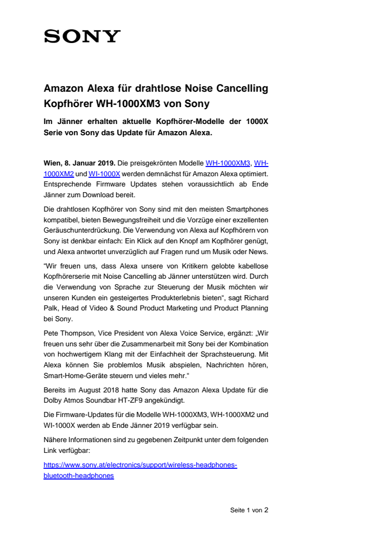 Amazon Alexa für drahtlosen Noise Cancelling Kopfhörer WH-1000XM3 von Sony