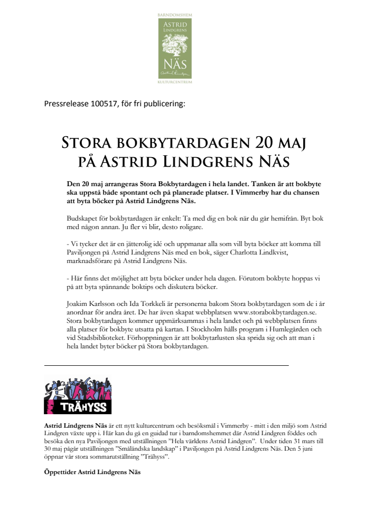 Stora bokbytardagen 20 maj på Astrid Lindgrens Näs