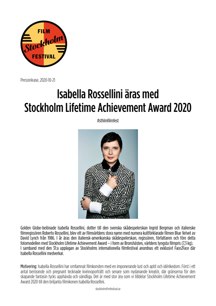 Isabella Rossellini äras med Stockholm Lifetime Achievement Award 2020