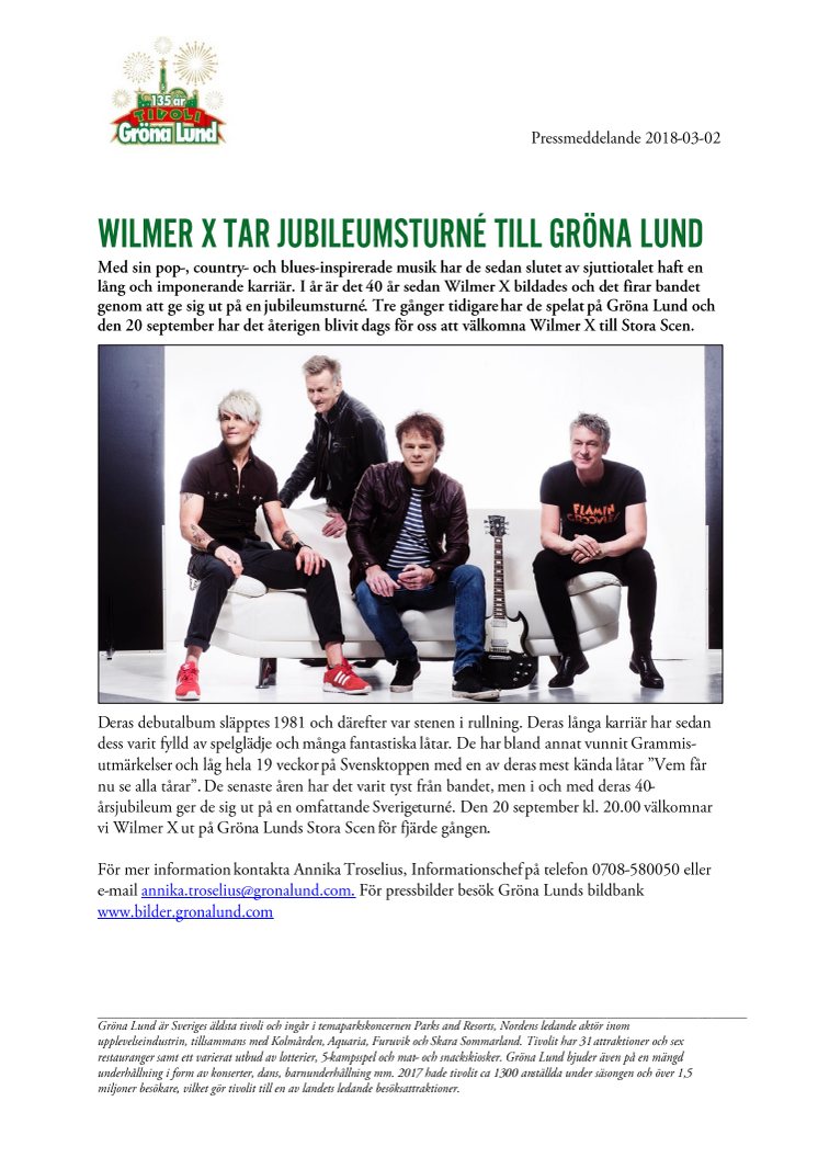 Wilmer X tar jubileumsturné till Gröna Lund