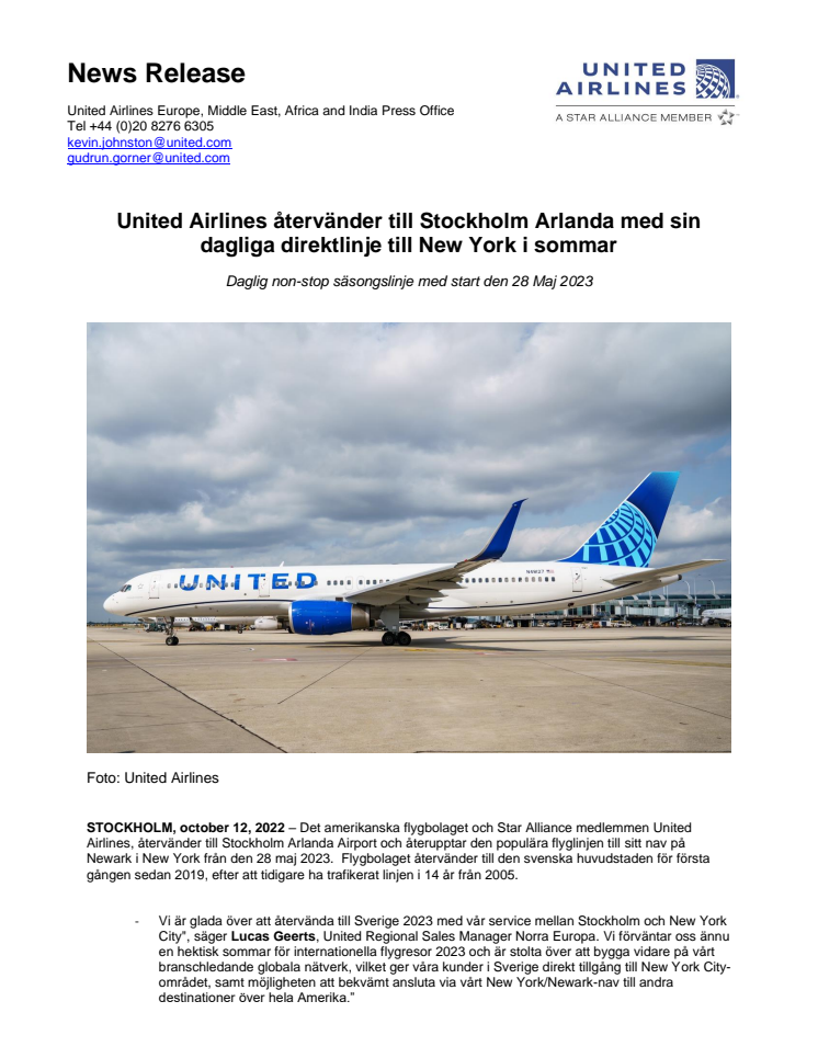 Pressmeddelande - United Airlines dagliga Nonstop Service från Stockhom ARN-New York Newark återvänder sommar 2023.pdf