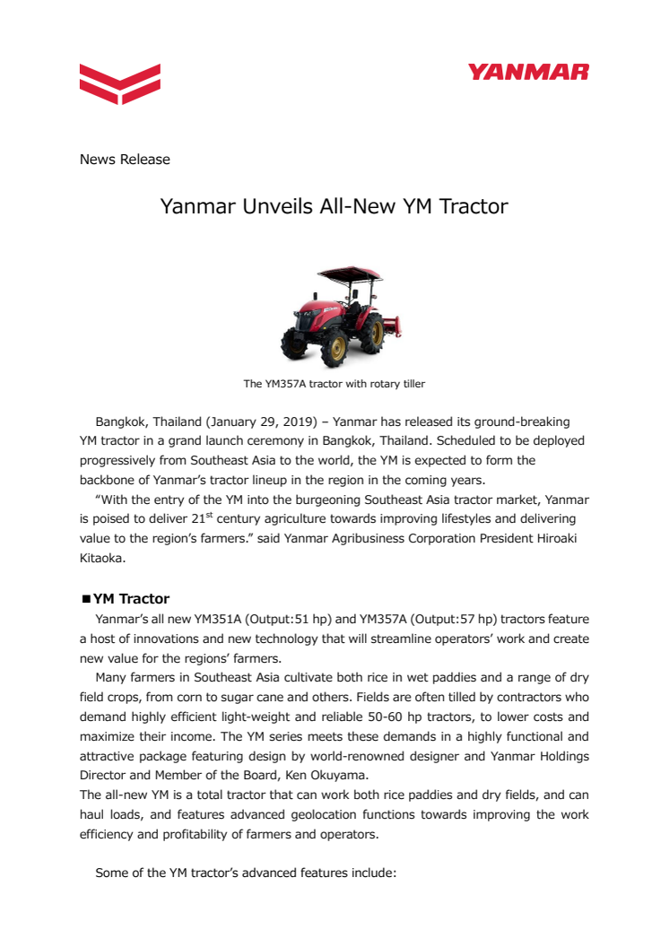 Yanmar Unveils All-New YM Tractor