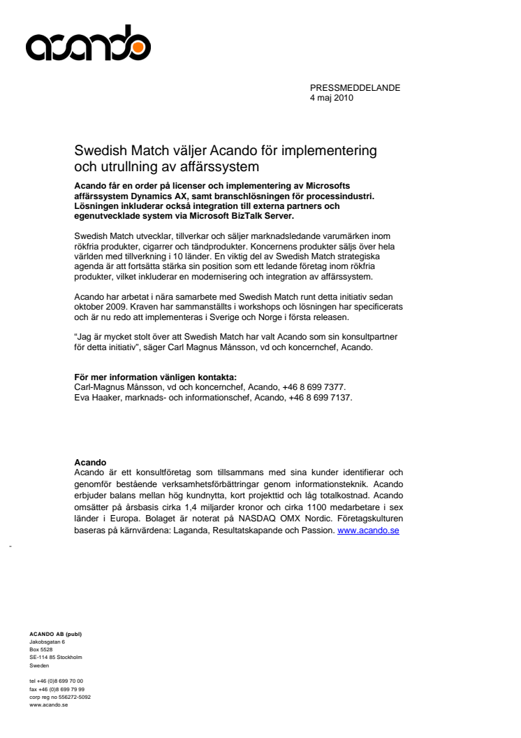 Swedish Match väljer Acando för implementering och utrullning av affärssystem