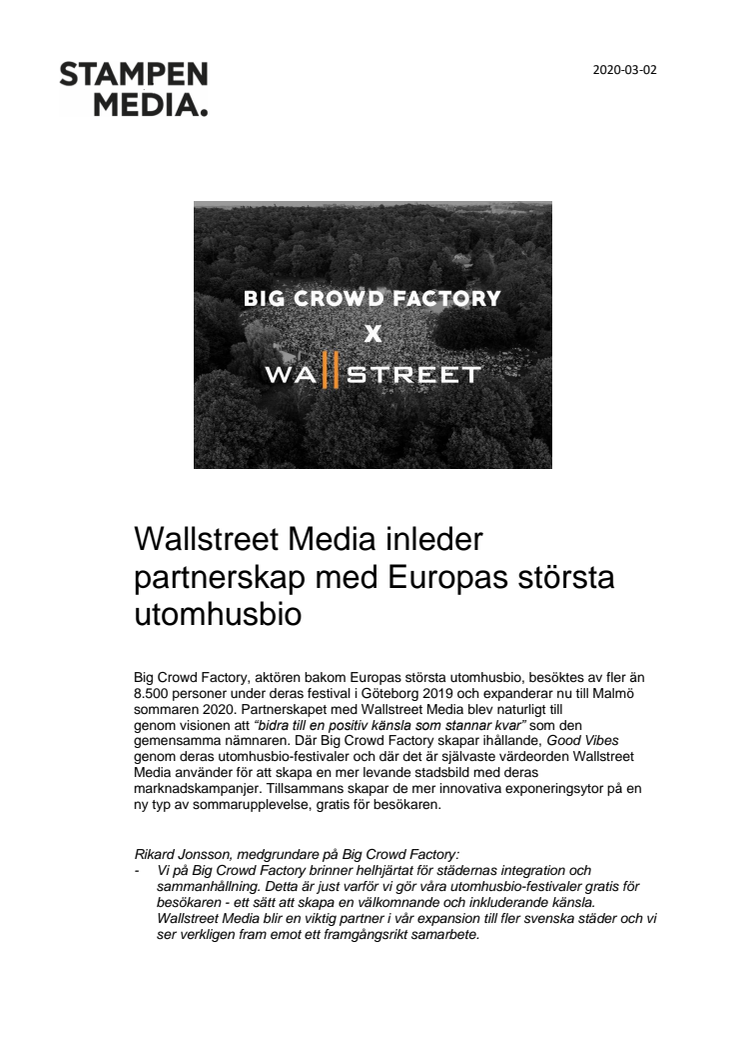 Wallstreet Media inleder partnerskap med Europas största utomhusbio