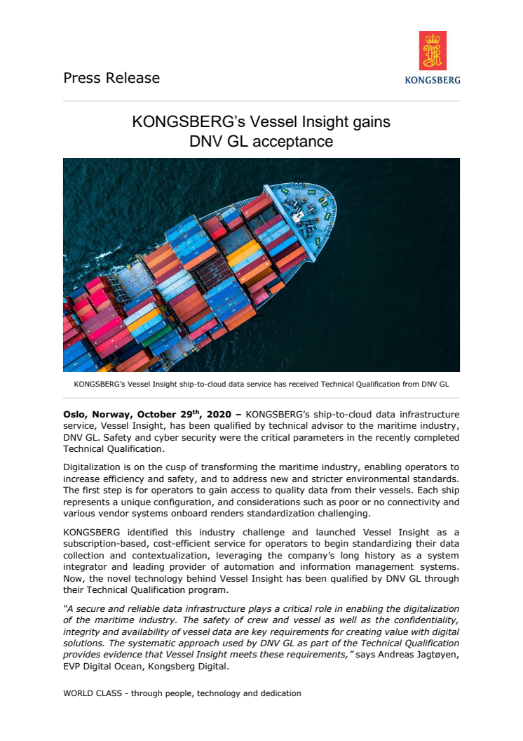 KONGSBERG’s Vessel Insight gains DNV GL acceptance