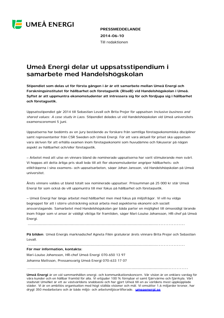 Umeå Energi delar ut uppsatsstipendium i samarbete med Handelshögskolan