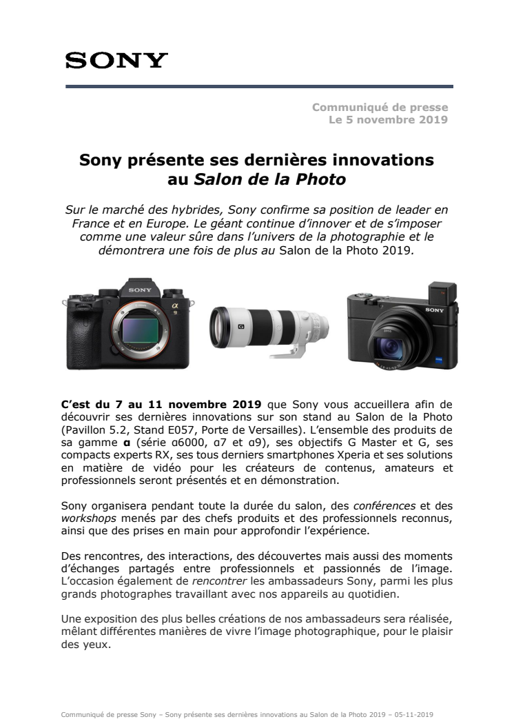 Sony présente ses dernières innovations au Salon de la Photo