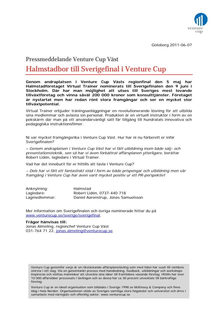 Halmstadbor till Sverigefinal i Venture Cup