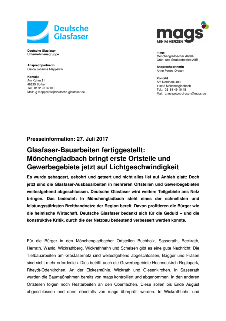 Glasfaser-Bauarbeiten fertiggestellt: Mönchengladbach bringt erste Ortsteile und Gewerbegebiete jetzt auf Lichtgeschwindigkeit