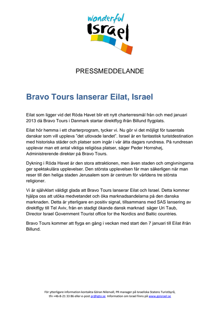 Bravo Tours lanserar Eilat, Israel