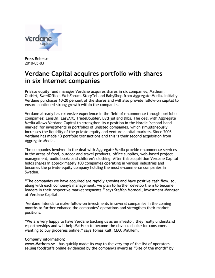Verdane Capital acquires portfolio with shares  in six Internet companies