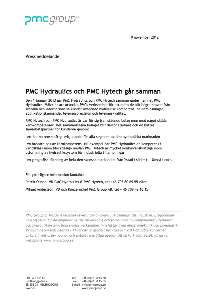 PMC Hydraulics och PMC Hytech går samman 