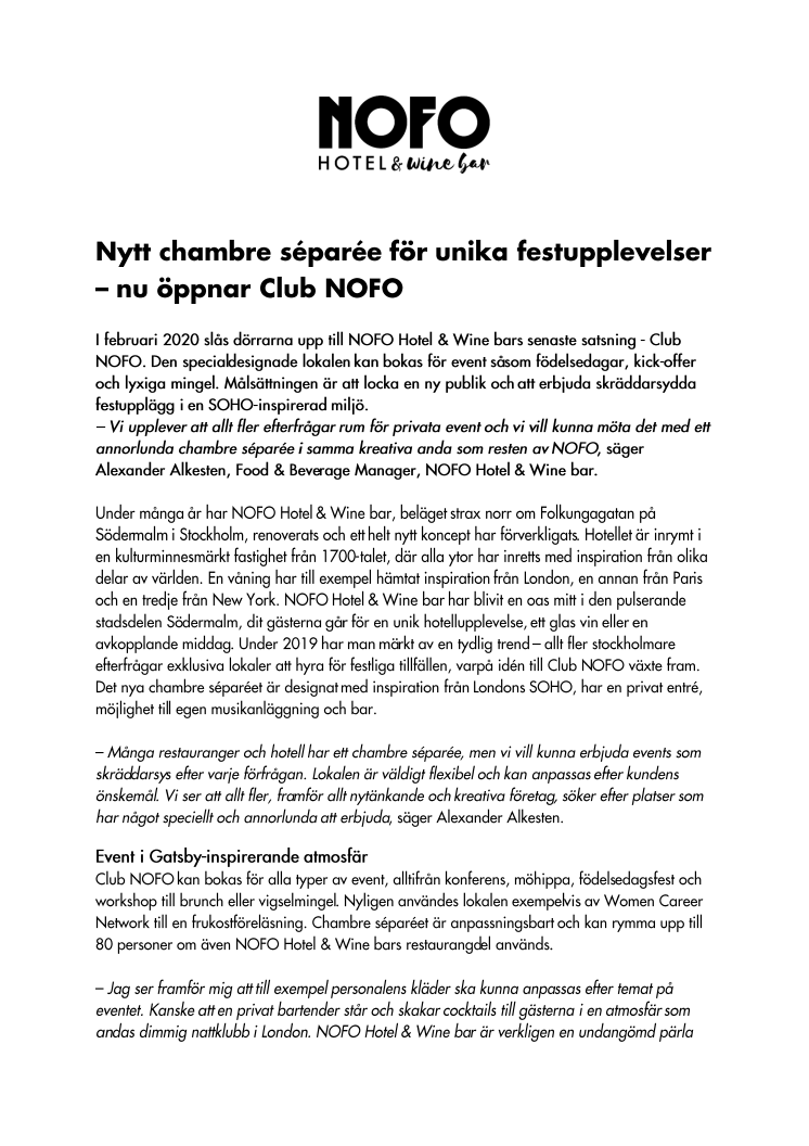 NOFO Hotel & Wine bar presenterar nytt chambre séparée för unika festupplevelser – nu öppnar Club NOFO