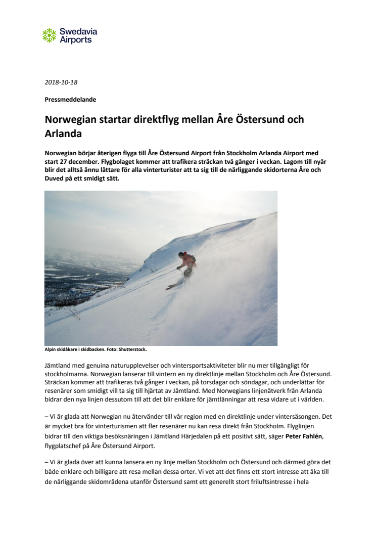 Norwegian startar direktflyg mellan Åre Östersund och Arlanda