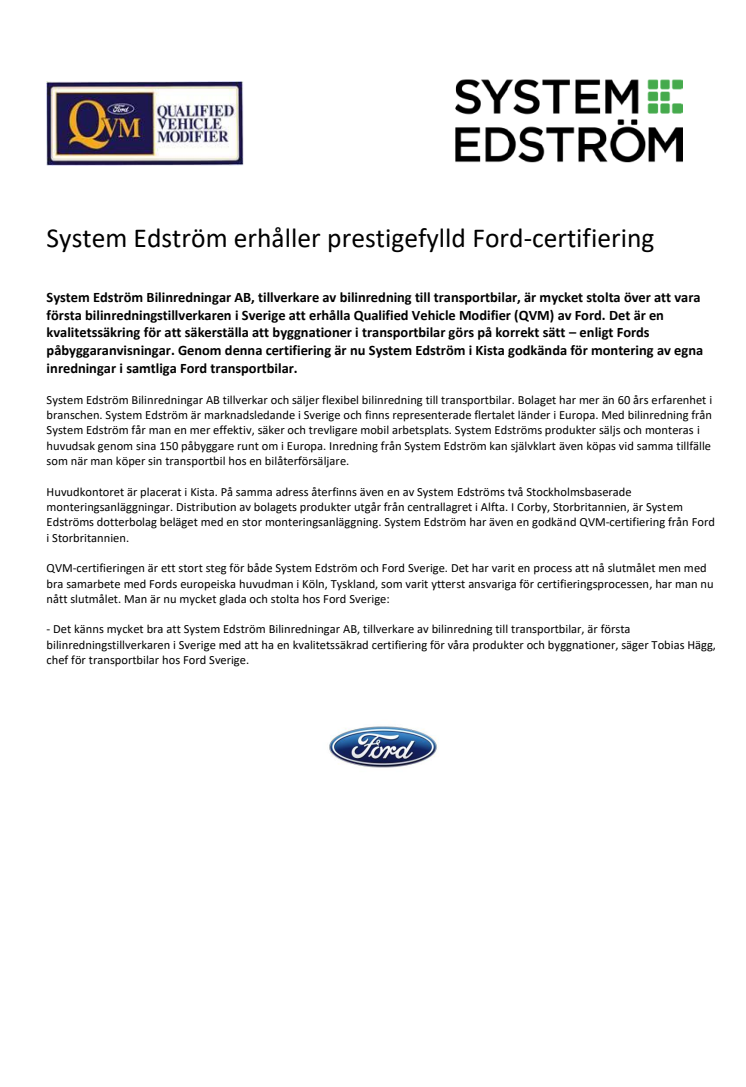 System Edström erhåller prestigefylld Ford-certifiering