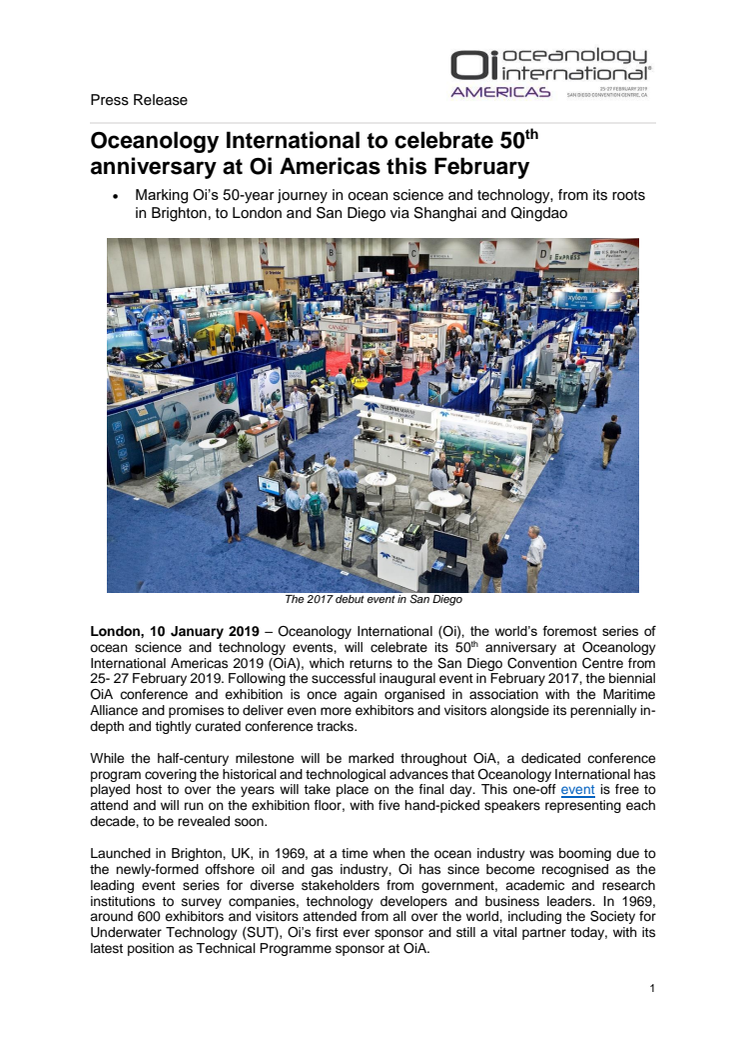OiA 2019: Oceanology International to celebrate 50-year anniversary at Oi Americas this February