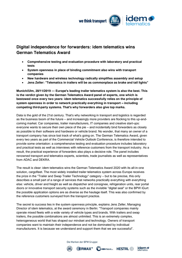 Digital independence for forwarders: idem telematics wins German Telematics Award 