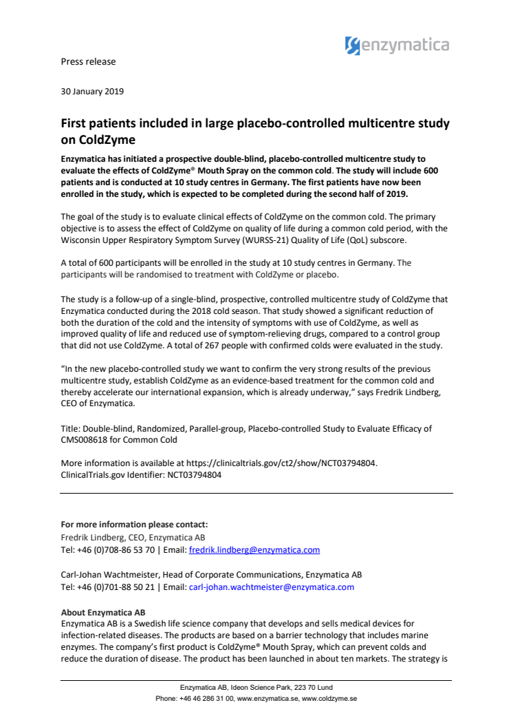 First patients included in large placebo-controlled multicentre study on ColdZyme