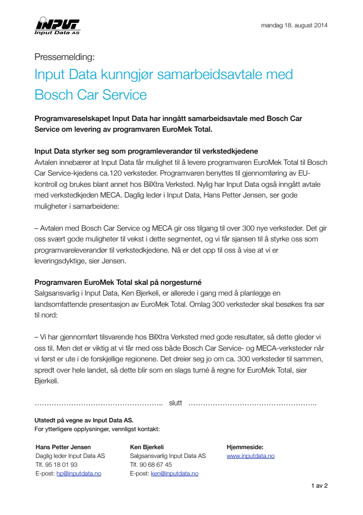 Input Data kunngjør samarbeidsavtale med Bosch Car Service