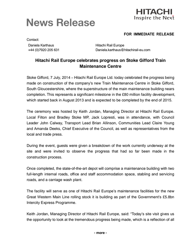 Hitachi Rail Europe celebrates progress on Stoke Gifford Train Maintenance Centre