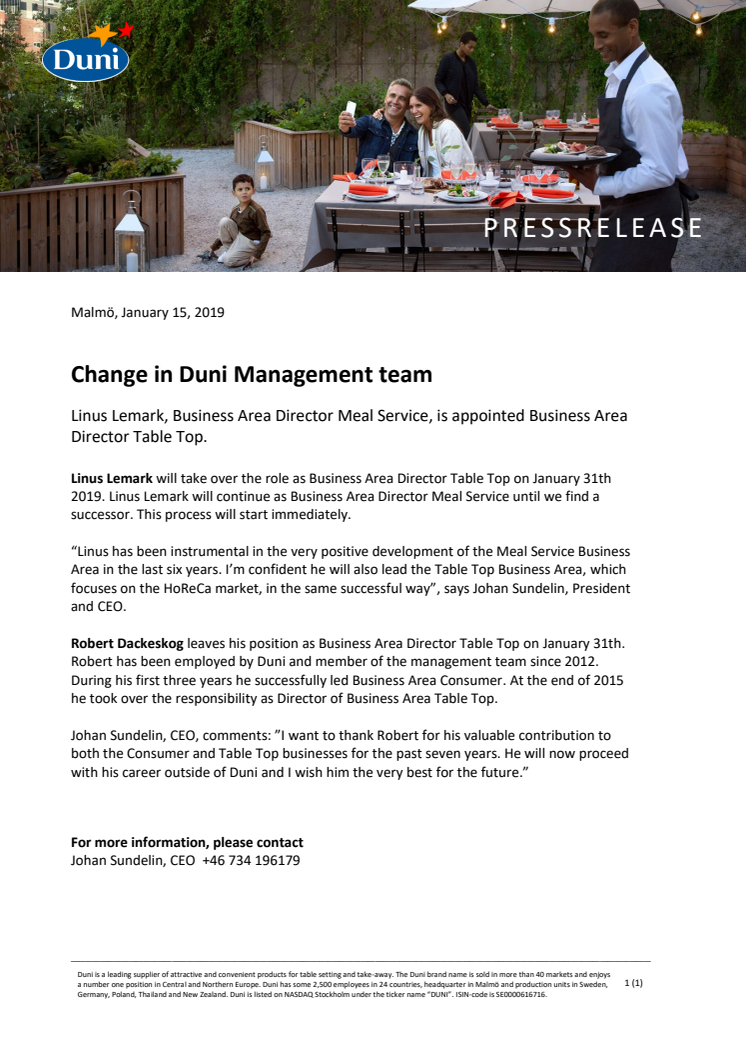 Change in Duni Management team