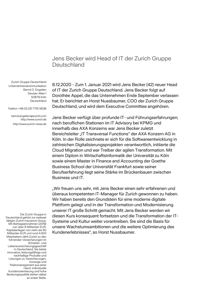 Jens Becker wird Head of IT der Zurich Gruppe Deutschland