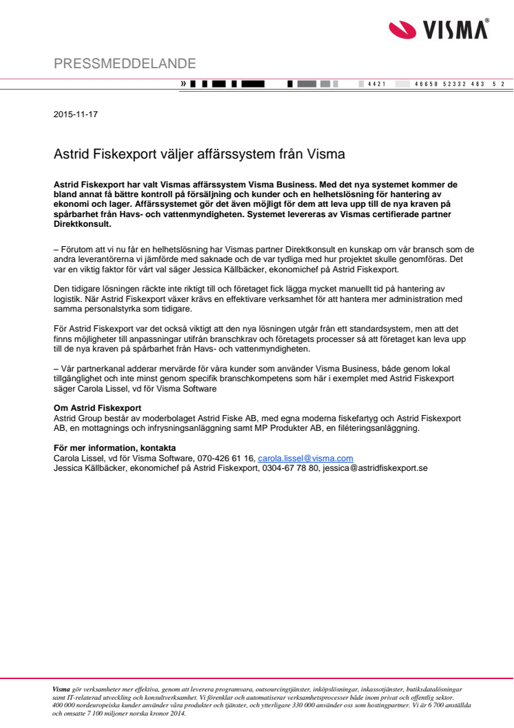 Astrid Fiskexport väljer affärssystem från Visma