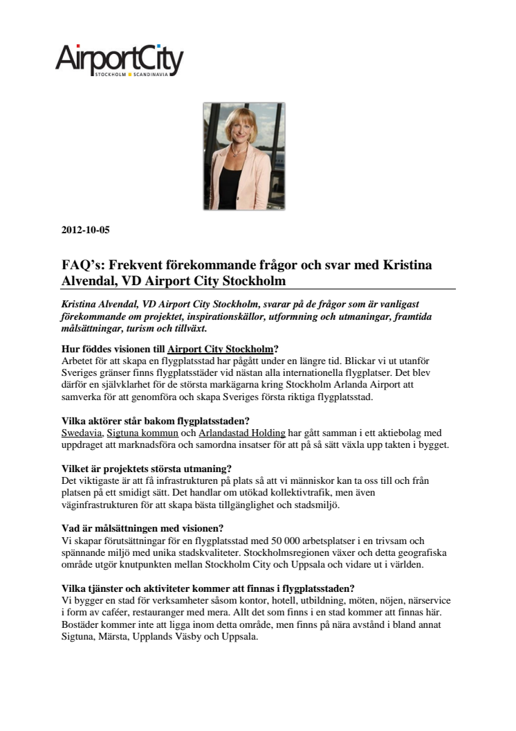 FAQs med Kristina Alvendal, VD Airport City Stockholm