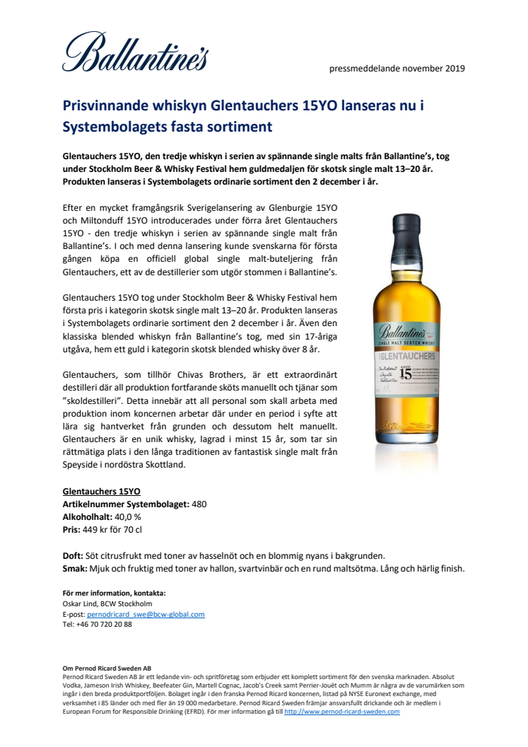 Prisvinnande whiskyn Glentauchers 15YO lanseras nu i Systembolagets fasta sortiment