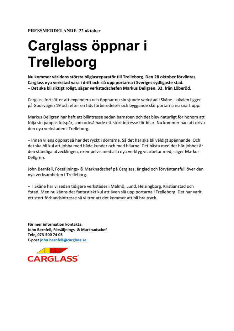 Carglass® öppnar i Trelleborg 