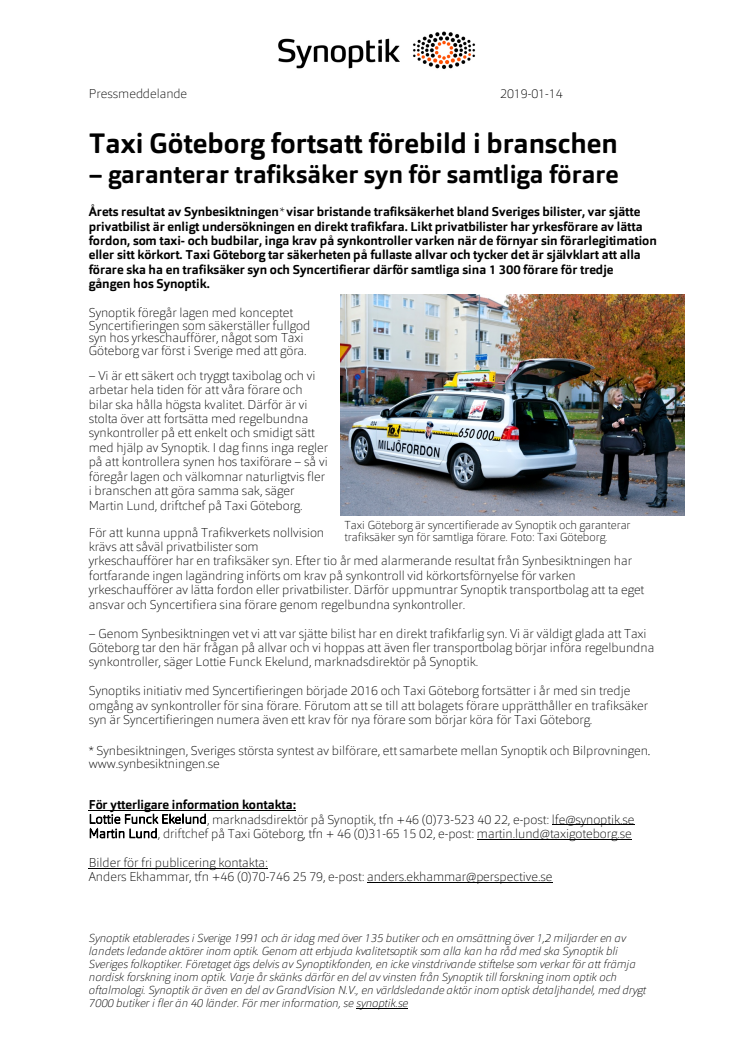Taxi Göteborg fortsatt förebild i branschen  – garanterar trafiksäker syn för samtliga förare