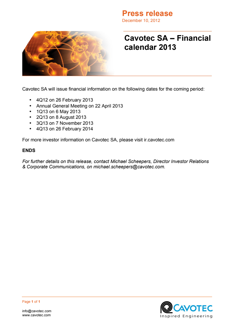 Cavotec SA – Financial Calendar 2013