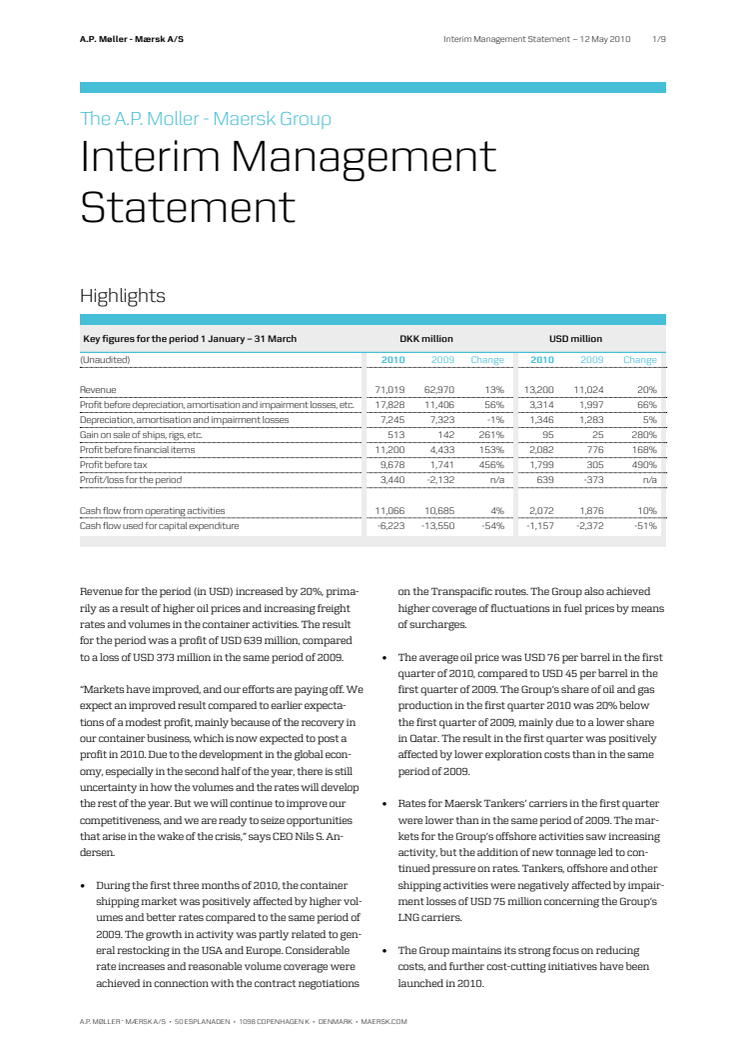 Interim Management Statement for A.P. Moller - Maersk 12 May 2010 