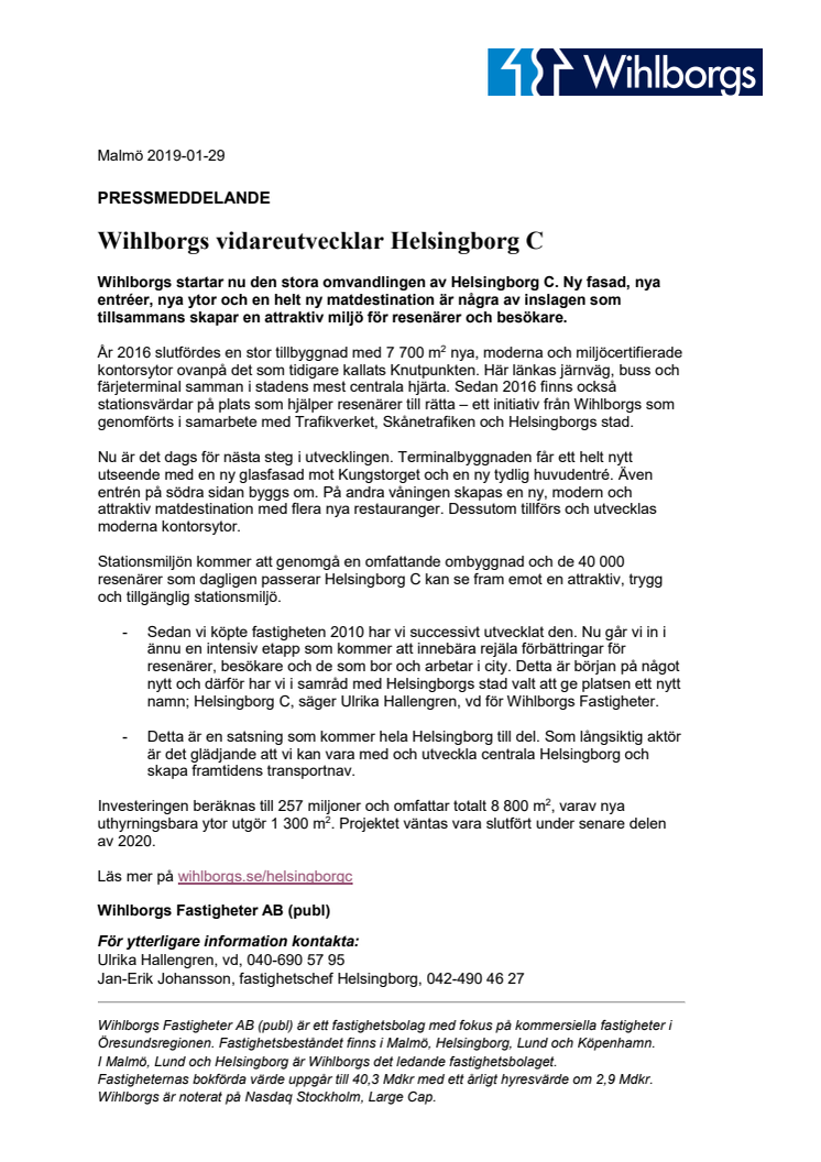 Wihlborgs vidareutvecklar Helsingborg C
