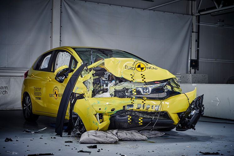 Euro NCAP 20th - the current Honda Jazz shortly after a 40mph frontal offset test in the Thatcham Research Crash Lab