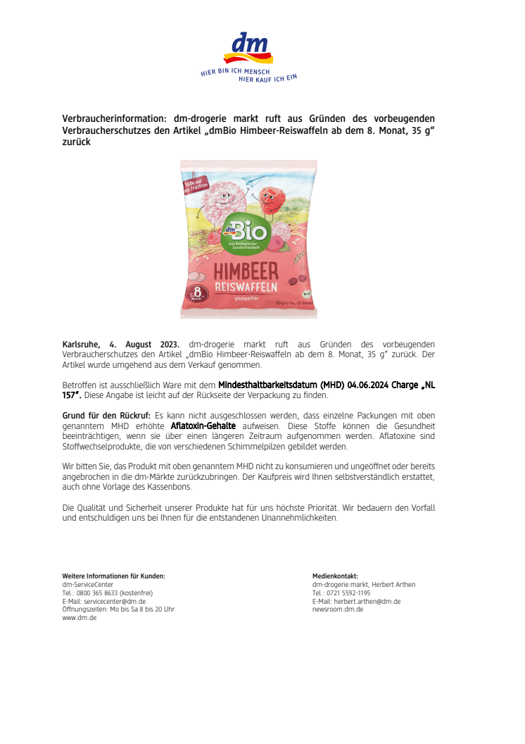 Verbraucherinformation: dmBio Himbeer-Reiswaffeln