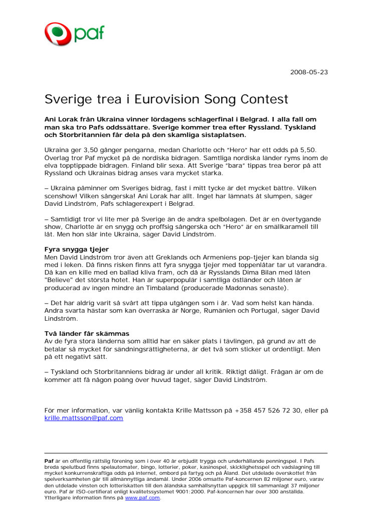 Sverige trea i Eurovision Song Contest