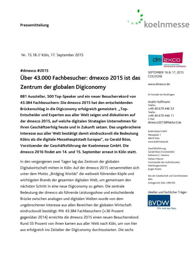 Über 43.000 Fachbesucher: dmexco 2015 ist das Zentrum der globalen Digiconomy