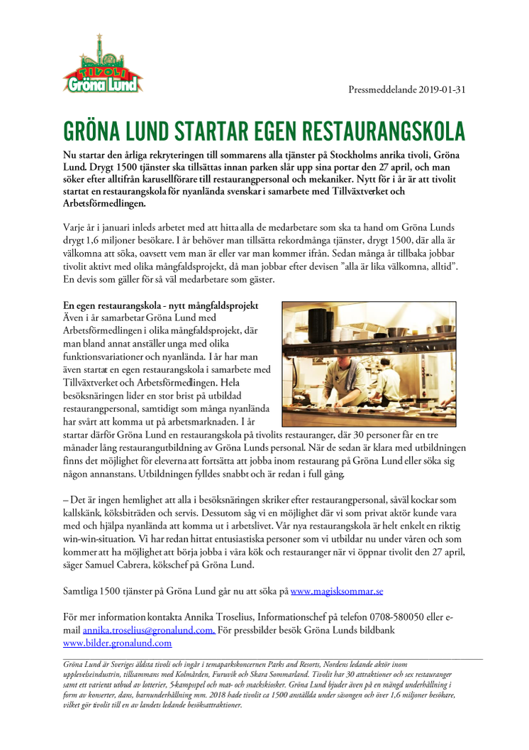 Gröna Lund startar egen restaurangskola
