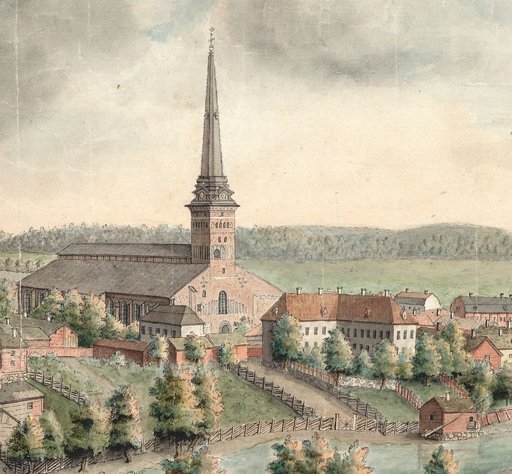 Domkyrkan med biskopsgården på en akvarell från 1780  tillskriven Elias Martin. Foto: Uppsala Universitetsbibliotek