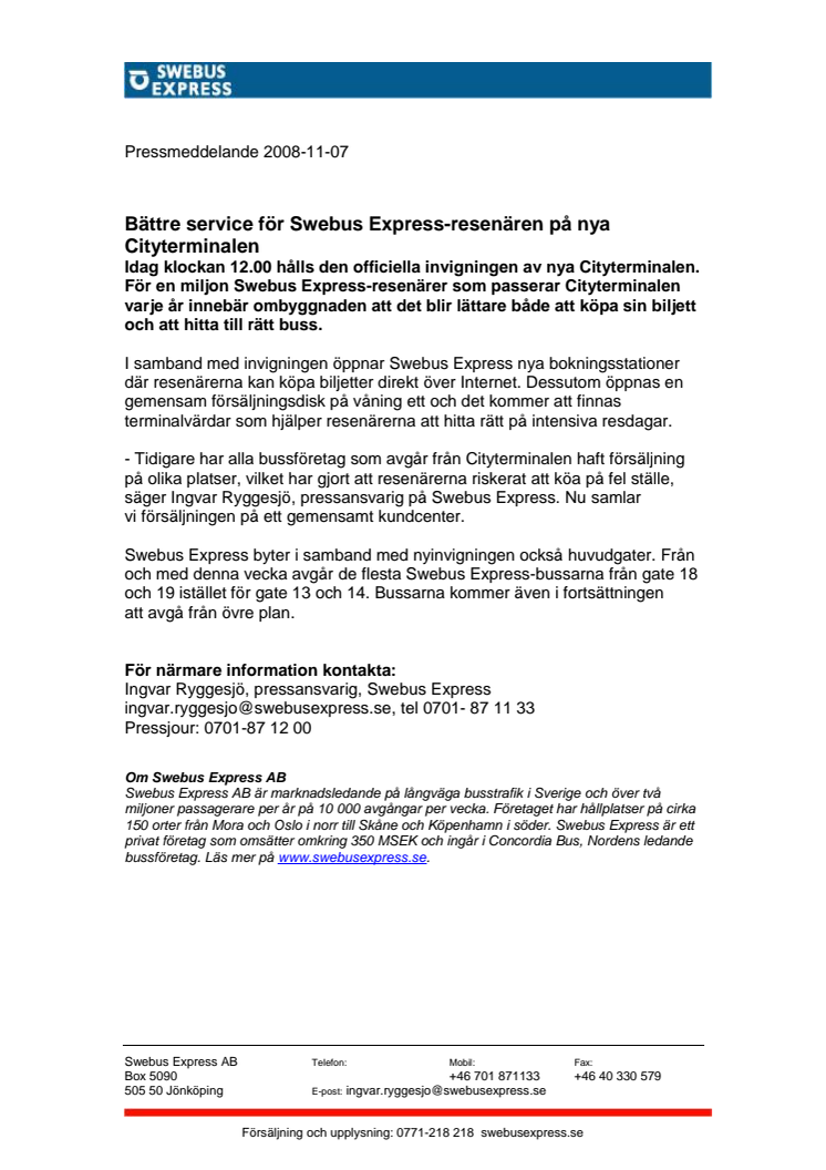 Bättre service för Swebus Express-resenären på nya Cityterminalen
