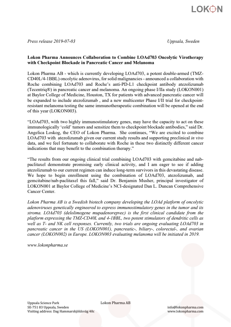 Lokon Pharma Announces Collaboration to Combine LOAd703 Oncolytic Virotherapy with Checkpoint Blockade in Pancreatic Cancer and Melanoma