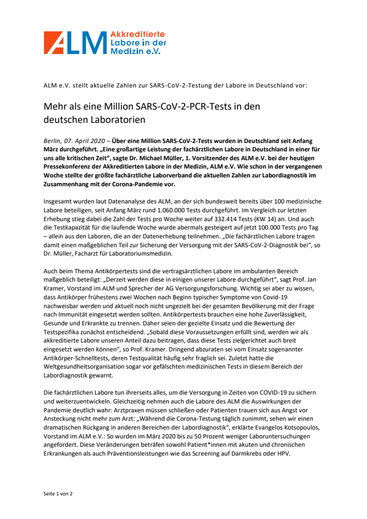 Pressemitteilung ALM e.V. - Mehr als eine Million SARS-CoV-2-PCR-Tests in den deutschen Laboratorien