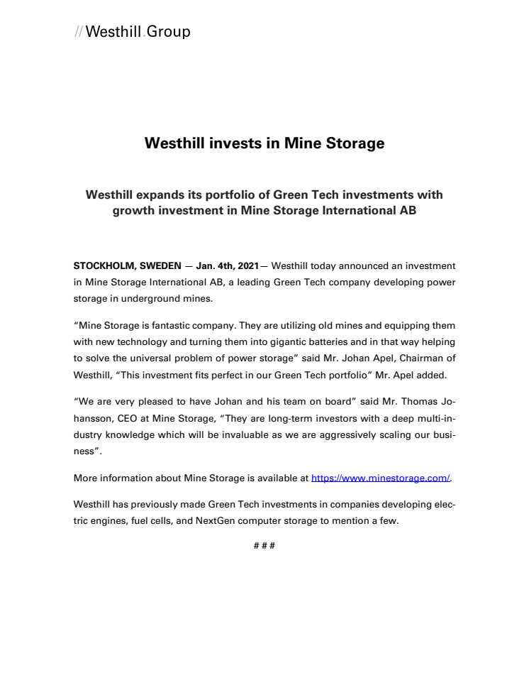 Westhill invests in Mine Storage