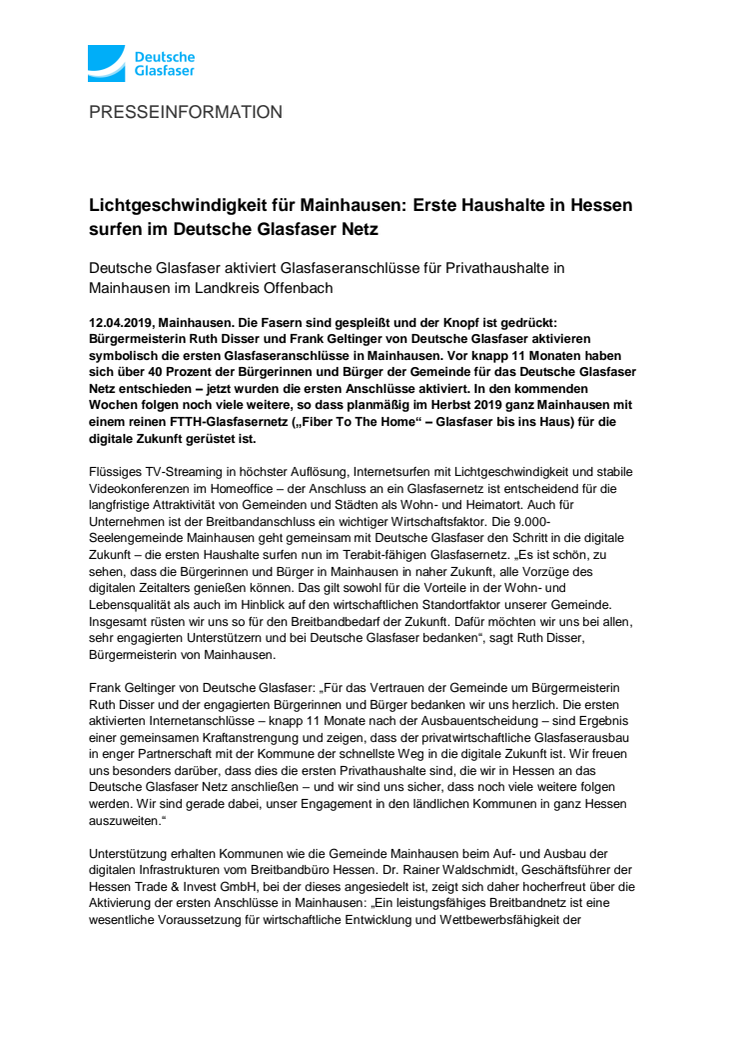 Lichtgeschwindigkeit für Mainhausen: Erste Haushalte in Hessen surfen im Deutsche Glasfaser Netz